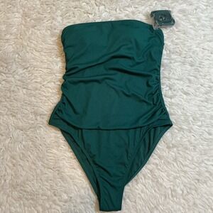 Shade & Shore One Piece Swimsuit Womens Medium Green NEW Ribbed Ruched Bandeau